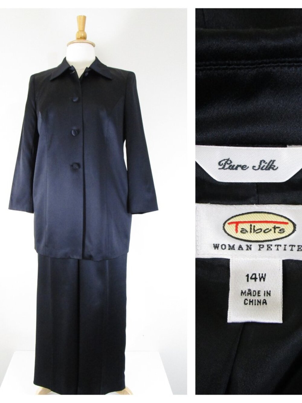 Vintage Talbots Womens Plus Size Black Silk Pant Suit Size 14W Formal Career